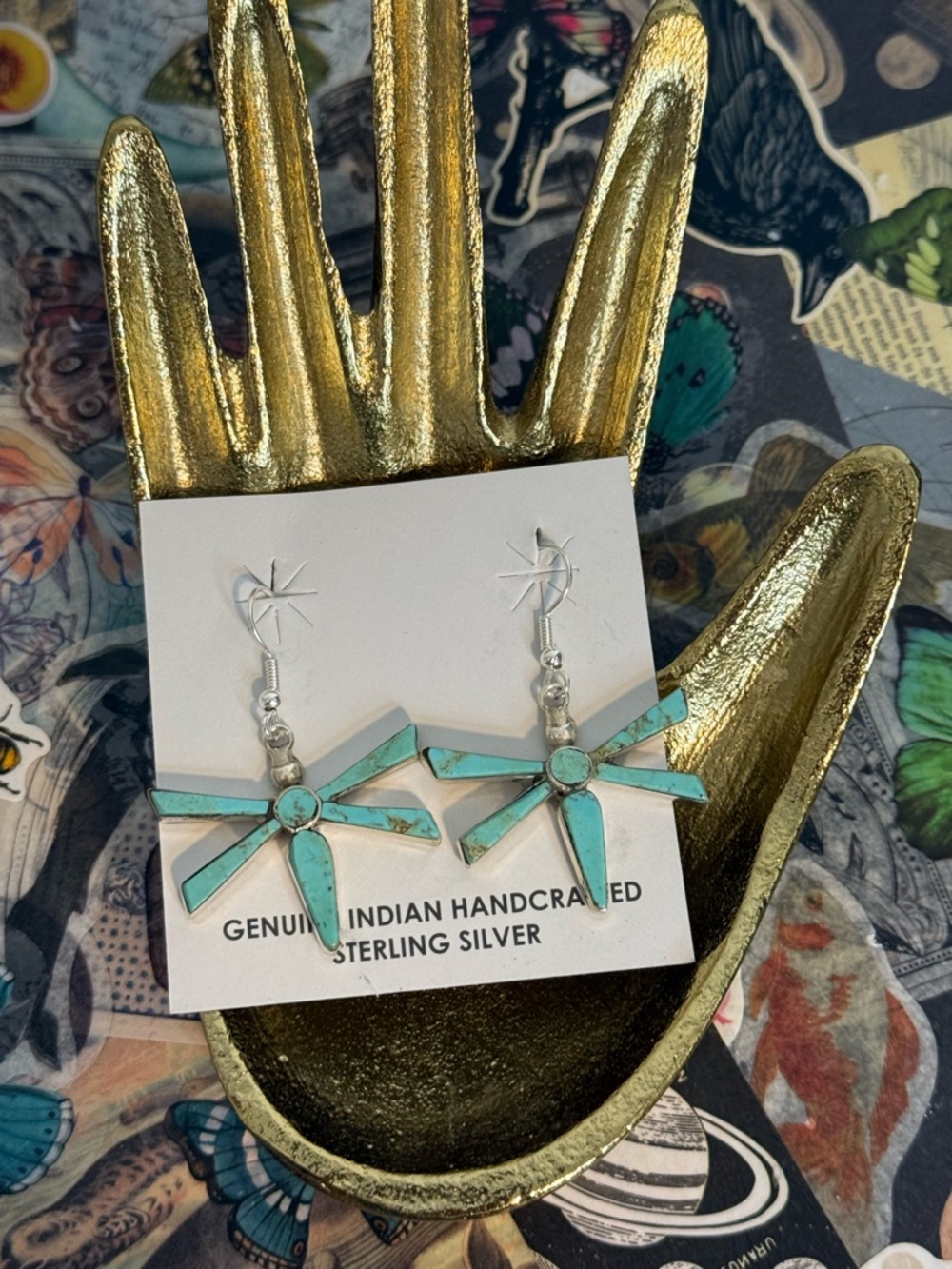Steve Francisco Navajo Made Kingman Turquoise Sterling Silver Dragonfly Earrings